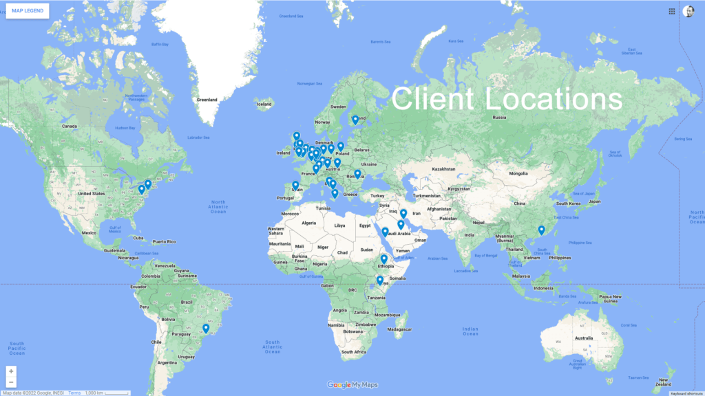 World map showing locations of clients